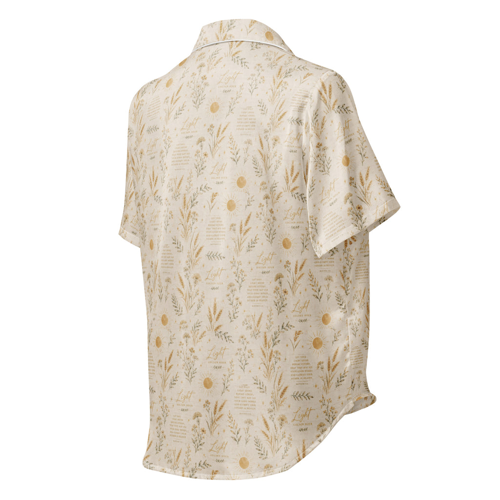All-over print women’s short sleeve pajama top by Rooted Wellness