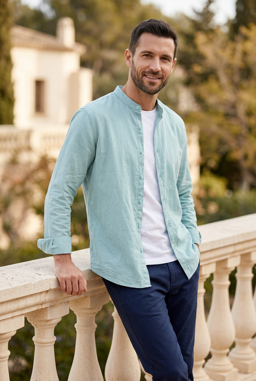 Aqua shirt lifestyle photo with a slimmer model in a relaxed leaning pose