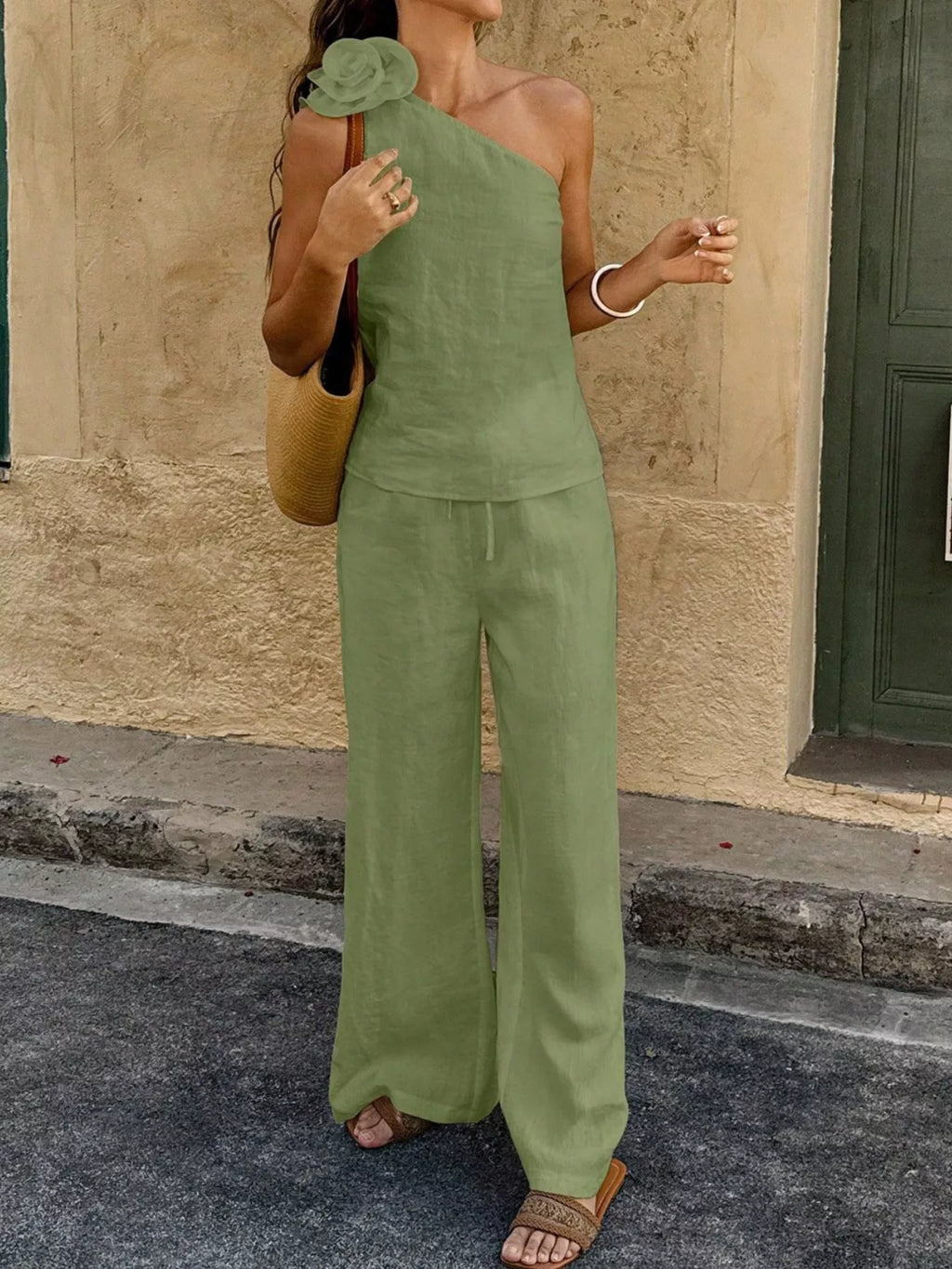 One-Shoulder Floral Embellished Top and Pants Set by Trendsi