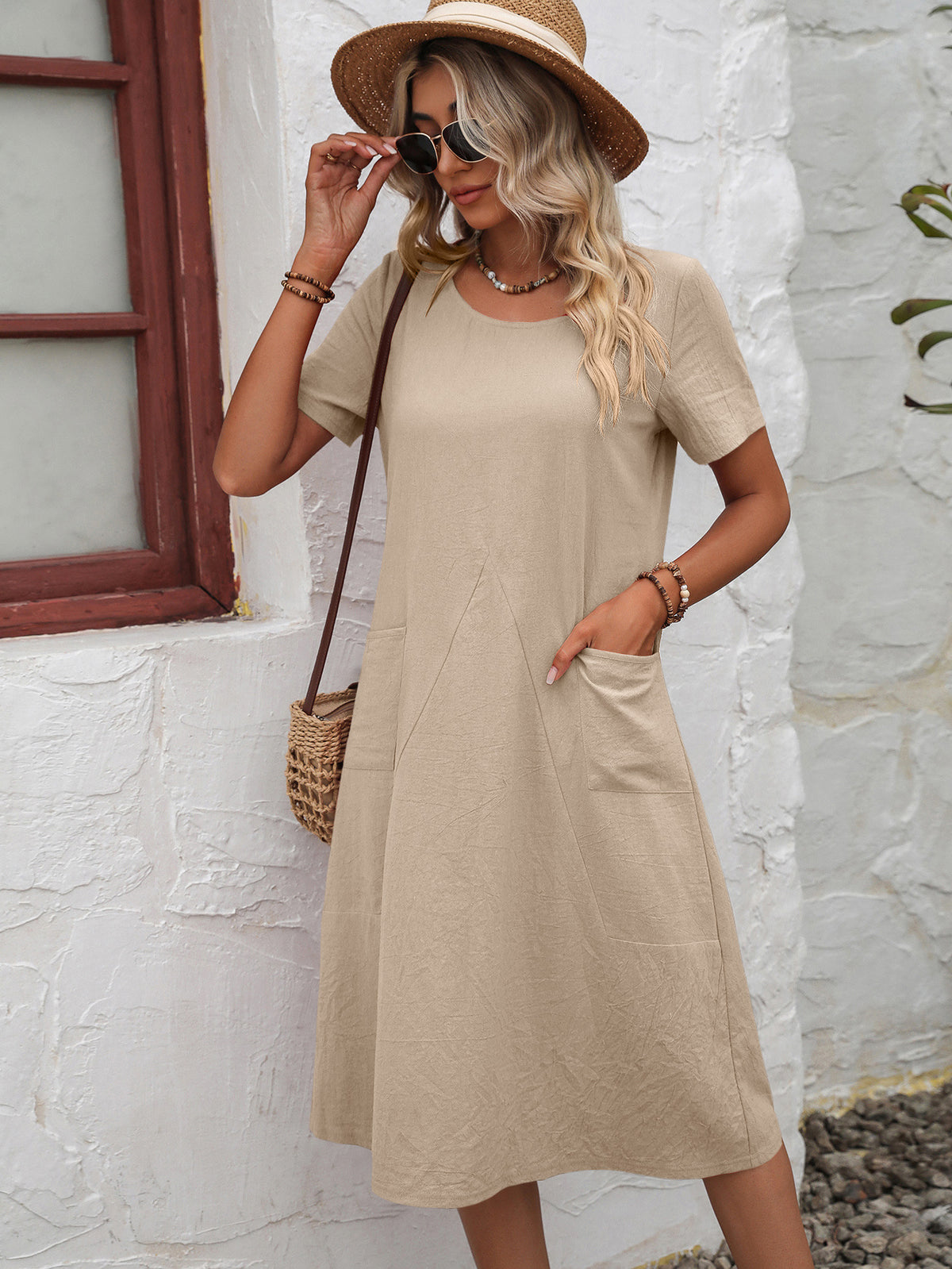 Ivy Lane Round Neck Short Sleeve Dress with Pockets by Trendsi