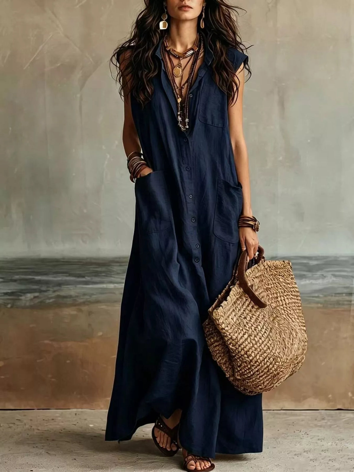 Sleeveless Button-Down Linen Maxi Dress by Trendsi