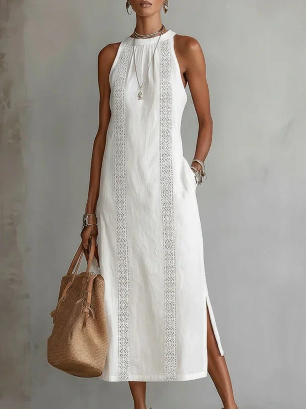 Side Slit Sleeveless Hollow-Out Trimmed Midi Dress by Trendsi