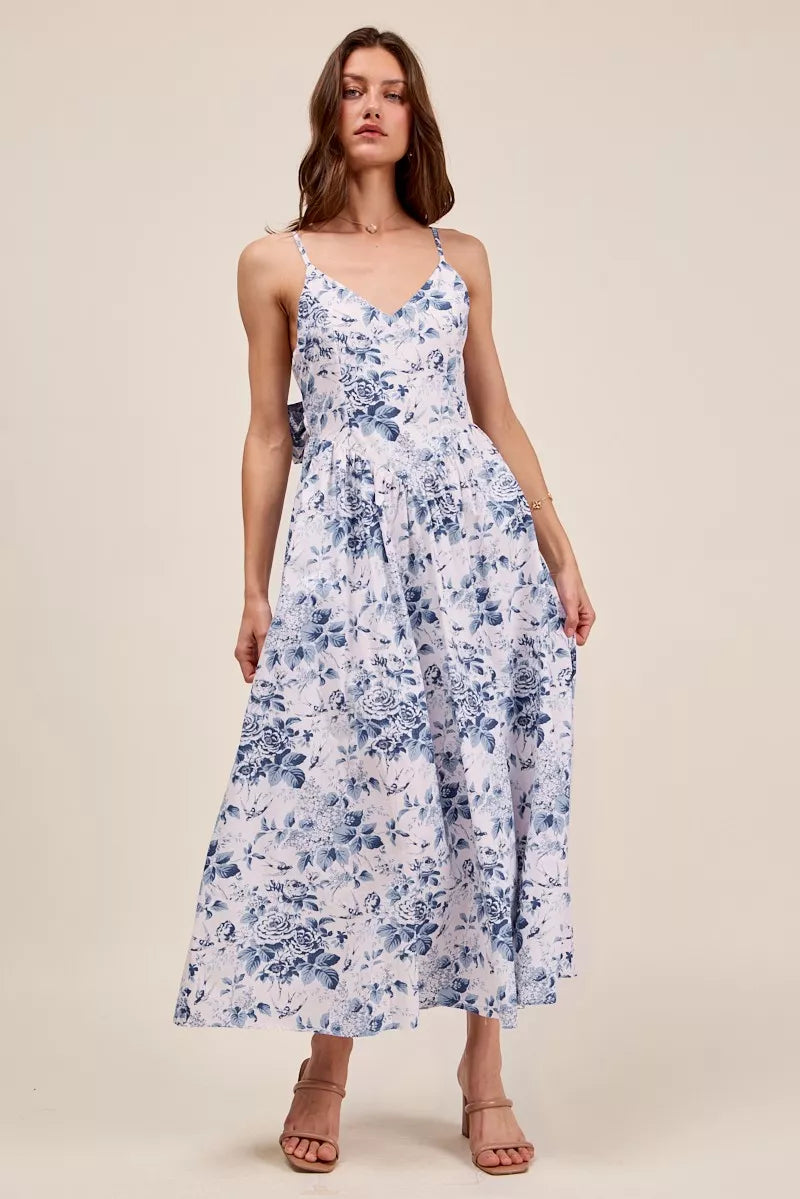 SO ME Floral Woven V Neck Dress With Back Ribbon Tie by Trendsi