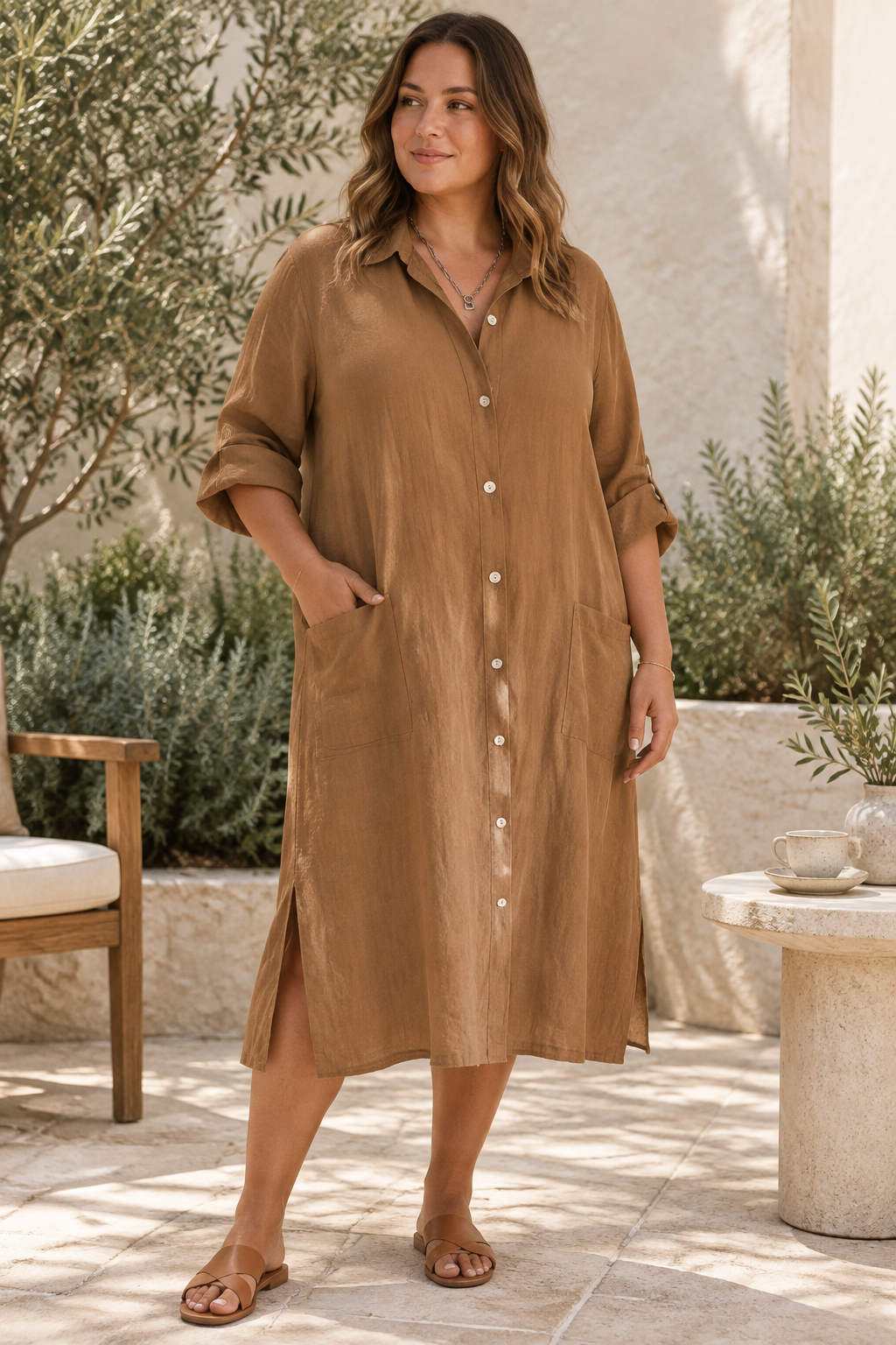 Full Size Casual Linen Button-Down Shirt Dress Plus Size by Trendsi