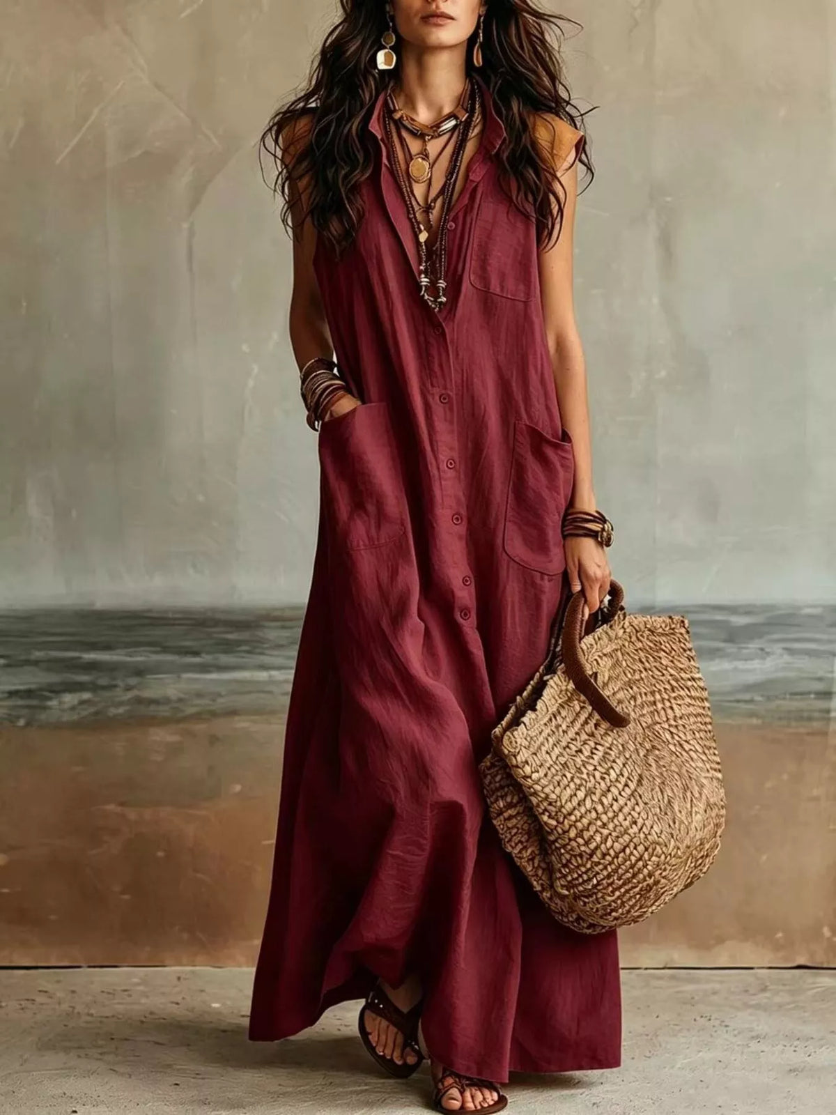 Sleeveless Button-Down Linen Maxi Dress by Trendsi