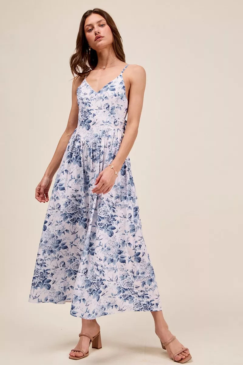 SO ME Floral Woven V Neck Dress With Back Ribbon Tie by Trendsi