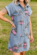 Floral Print Denim Shirt Dress by Trendsi