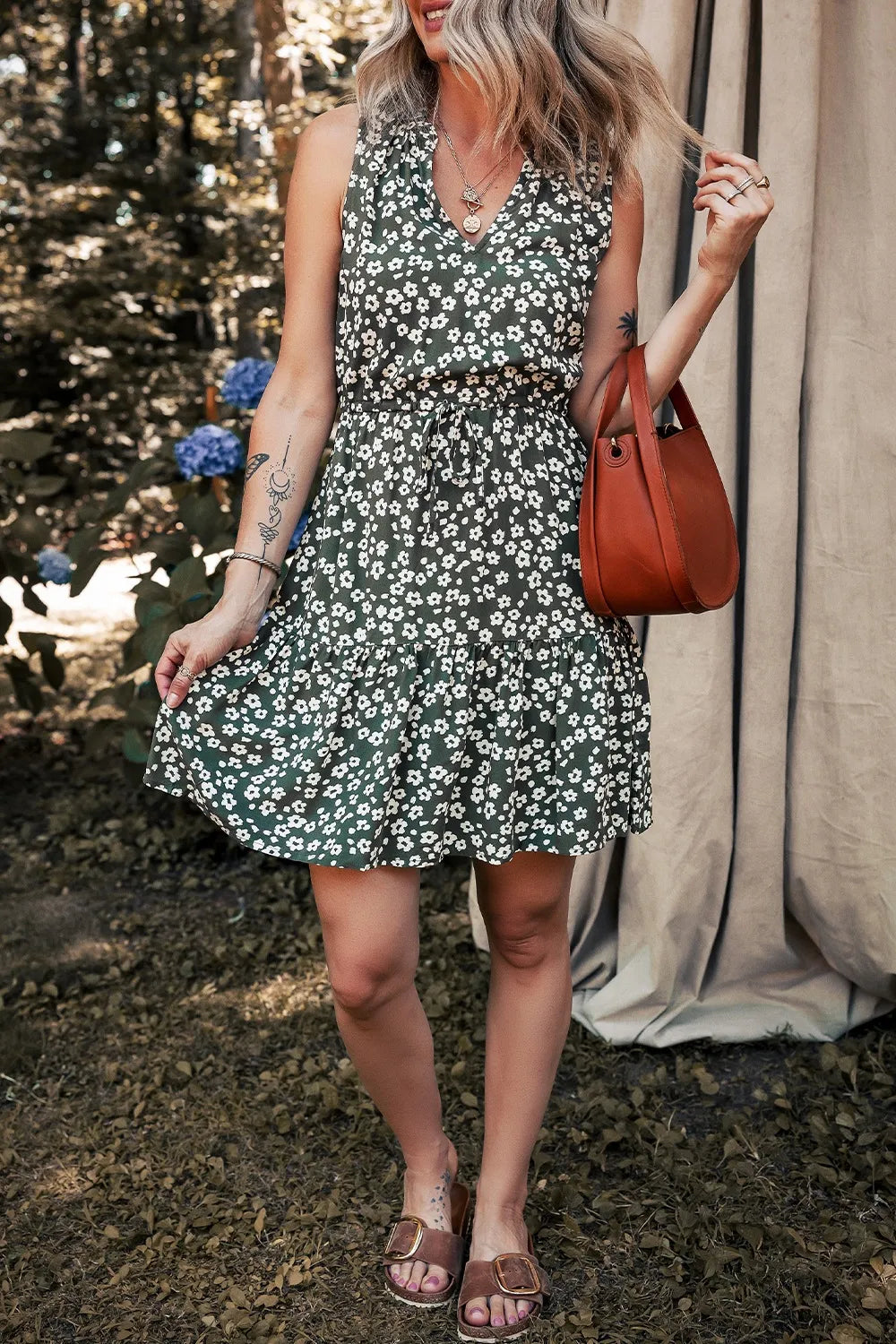 Boho Floral Print V Neck Tunic Sleeveless Dress by Trendsi