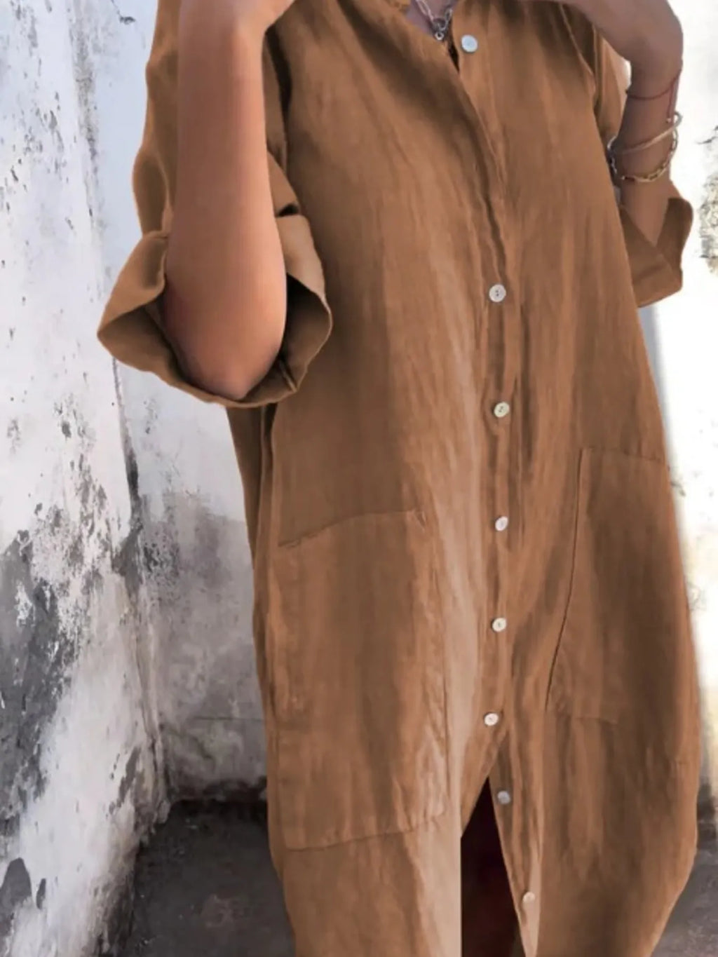 Full Size Casual Linen Button-Down Shirt Dress Plus Size by Trendsi