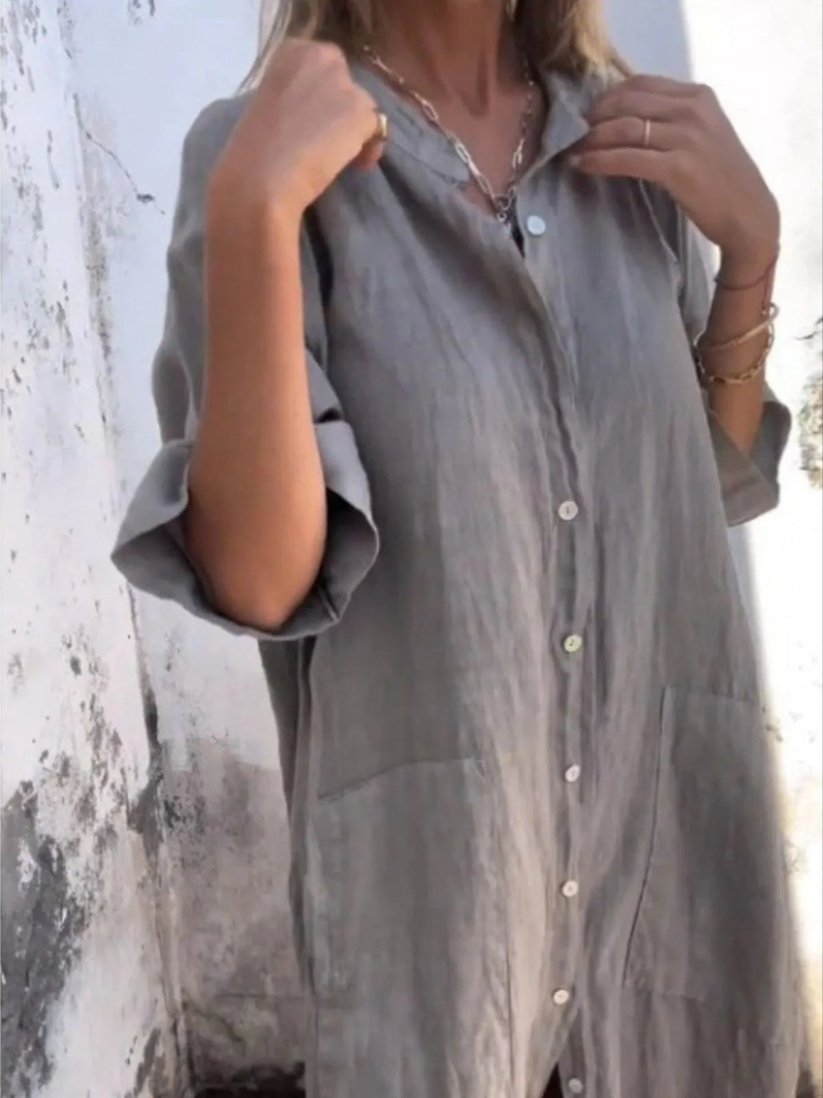 Full Size Casual Linen Button-Down Shirt Dress Plus Size by Trendsi