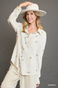 Umgee Linen Blend Fitted Shirt with Ribbon Embroidery Details by Trendsi