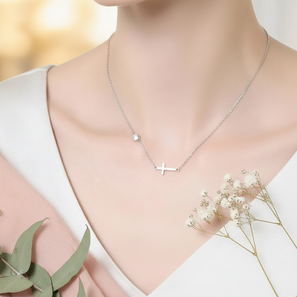 Cross 925 Sterling Silver Moissanite Necklace by Trendsi