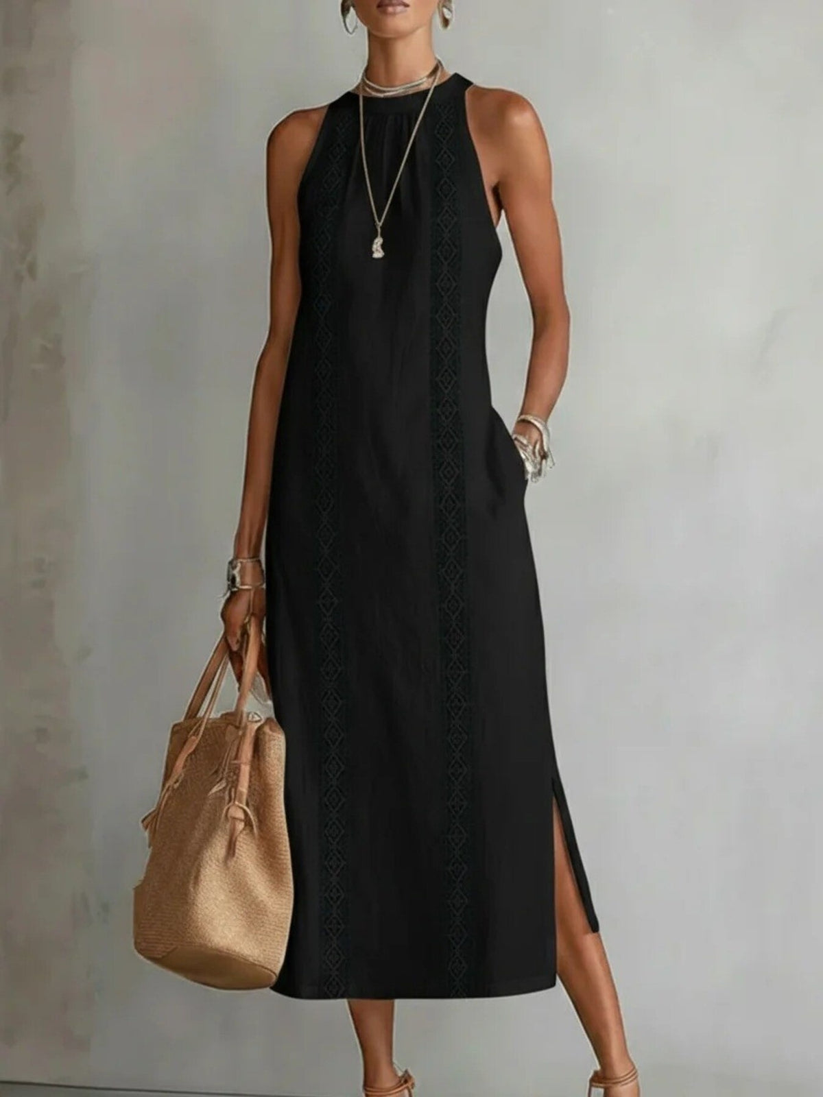 Side Slit Sleeveless Hollow-Out Trimmed Midi Dress by Trendsi