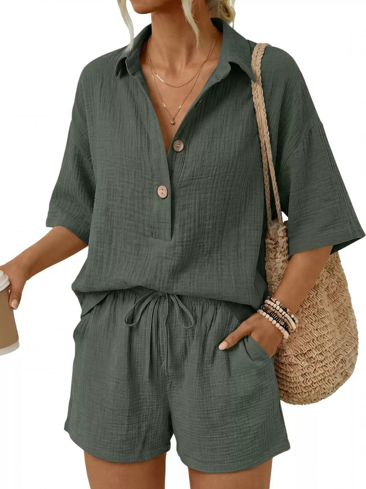 Linen Button Front Short Sleeve Top and Shorts Set by Trendsi