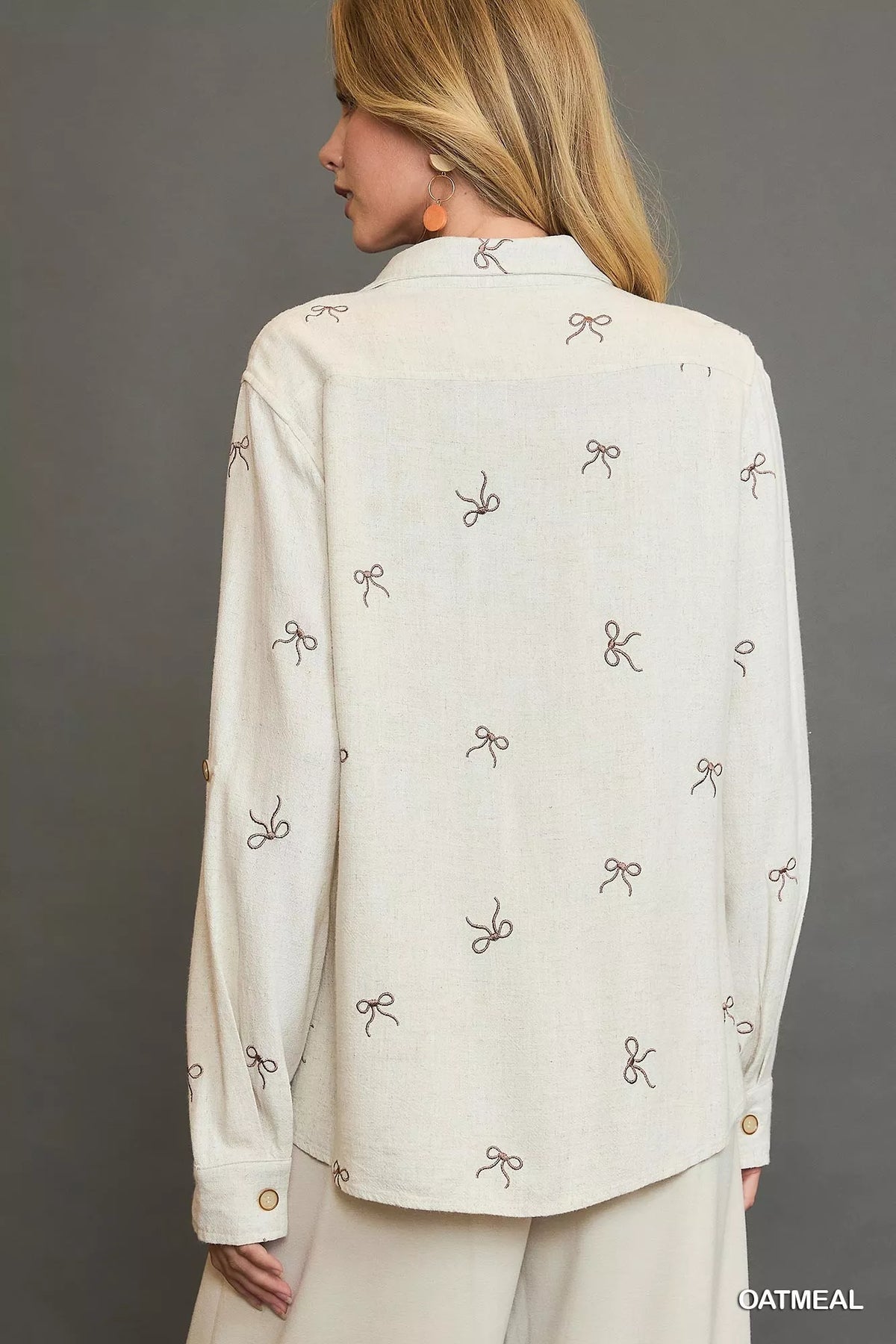 Umgee Linen Blend Fitted Shirt with Ribbon Embroidery Details by Trendsi
