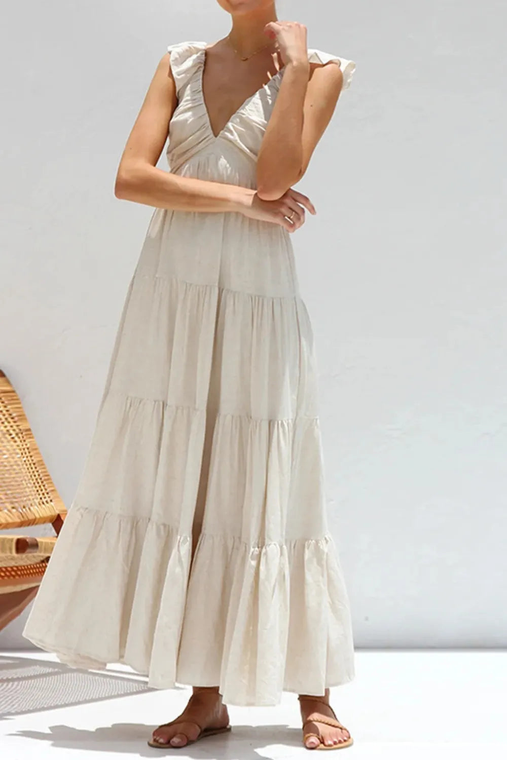Ruffled V-Neck Tiered Dress by Trendsi
