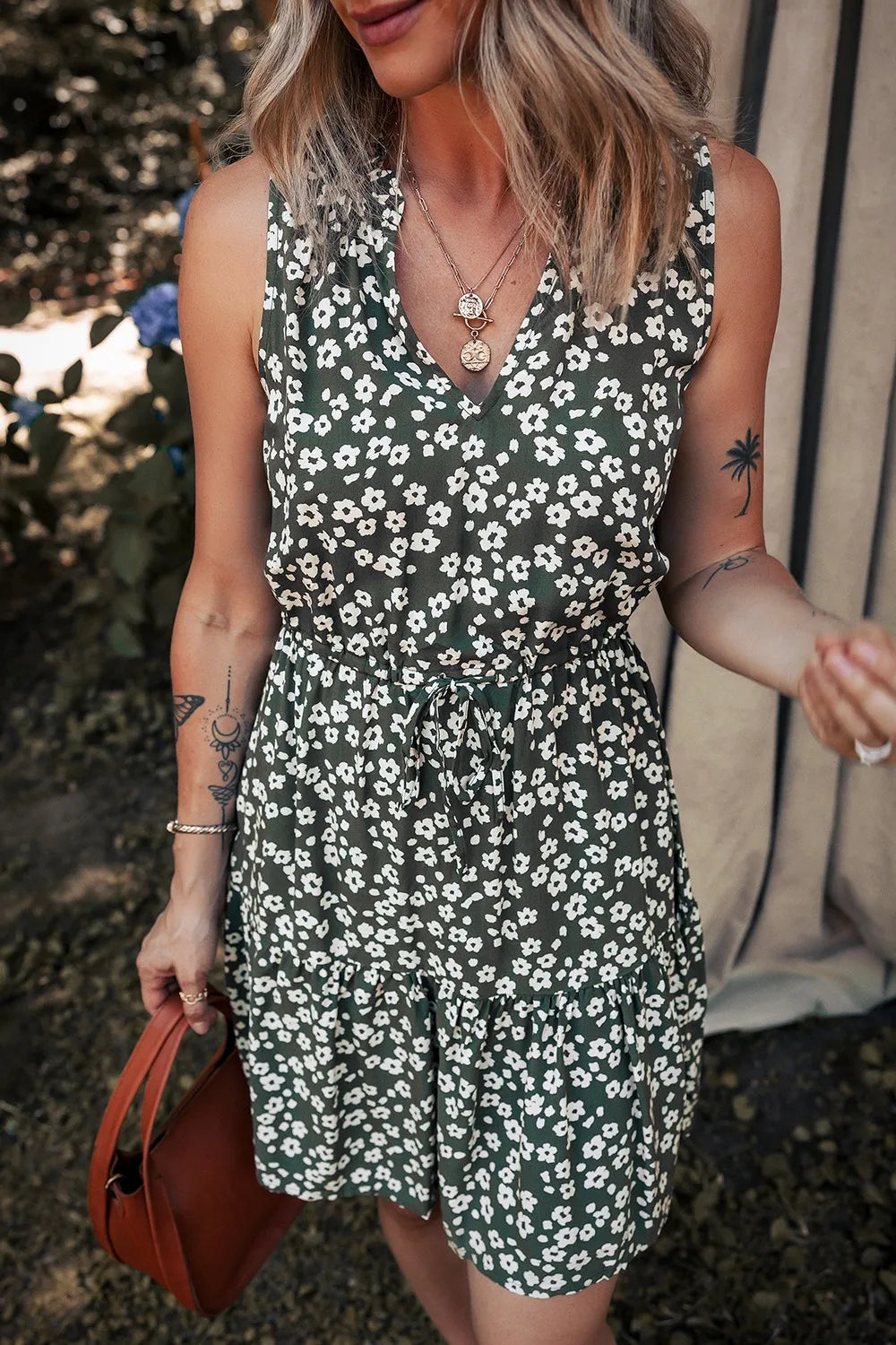 Boho Floral Print V Neck Tunic Sleeveless Dress by Trendsi
