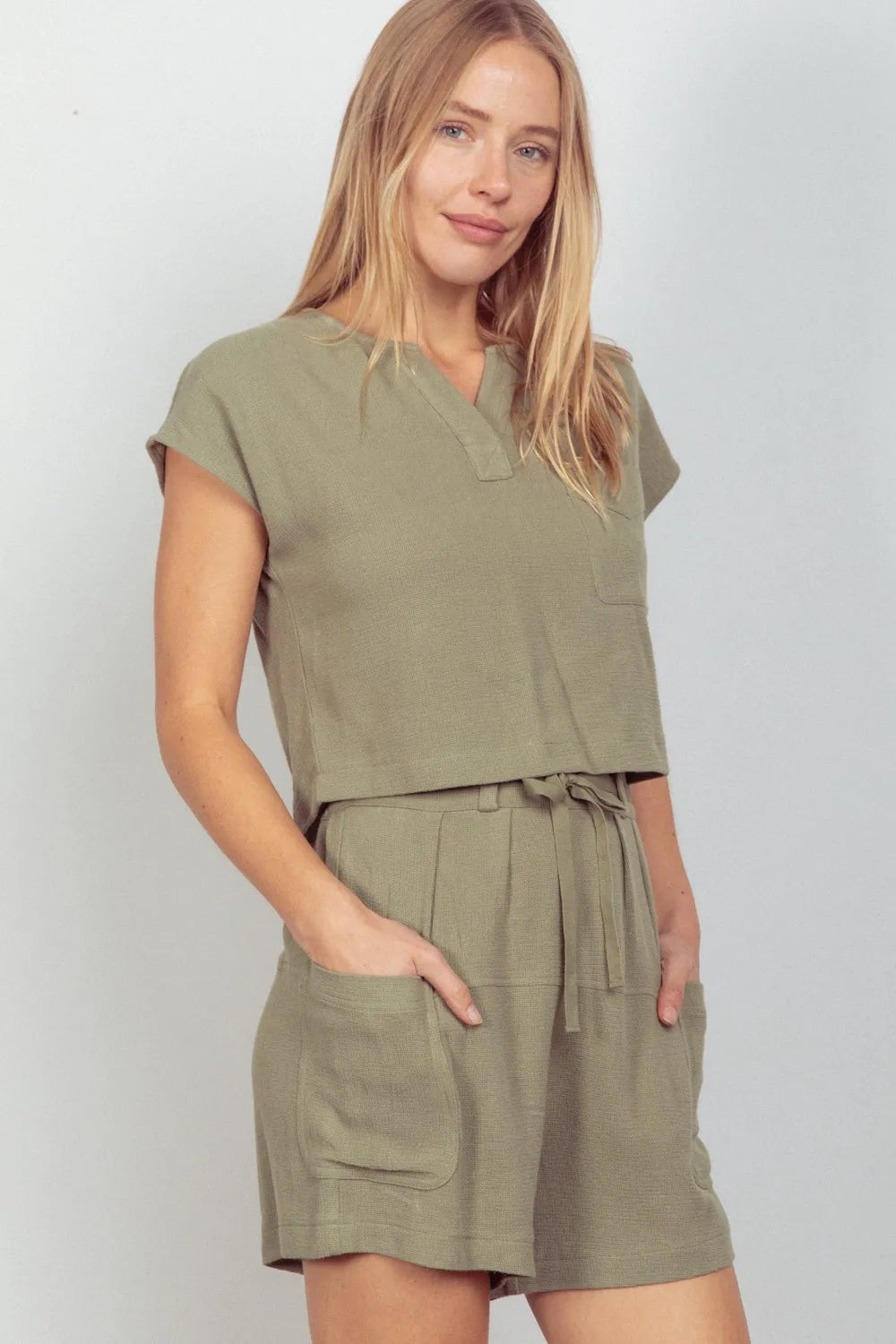 VERY J Woven Cropped Top & Waist Tie Shorts Set by Trendsi