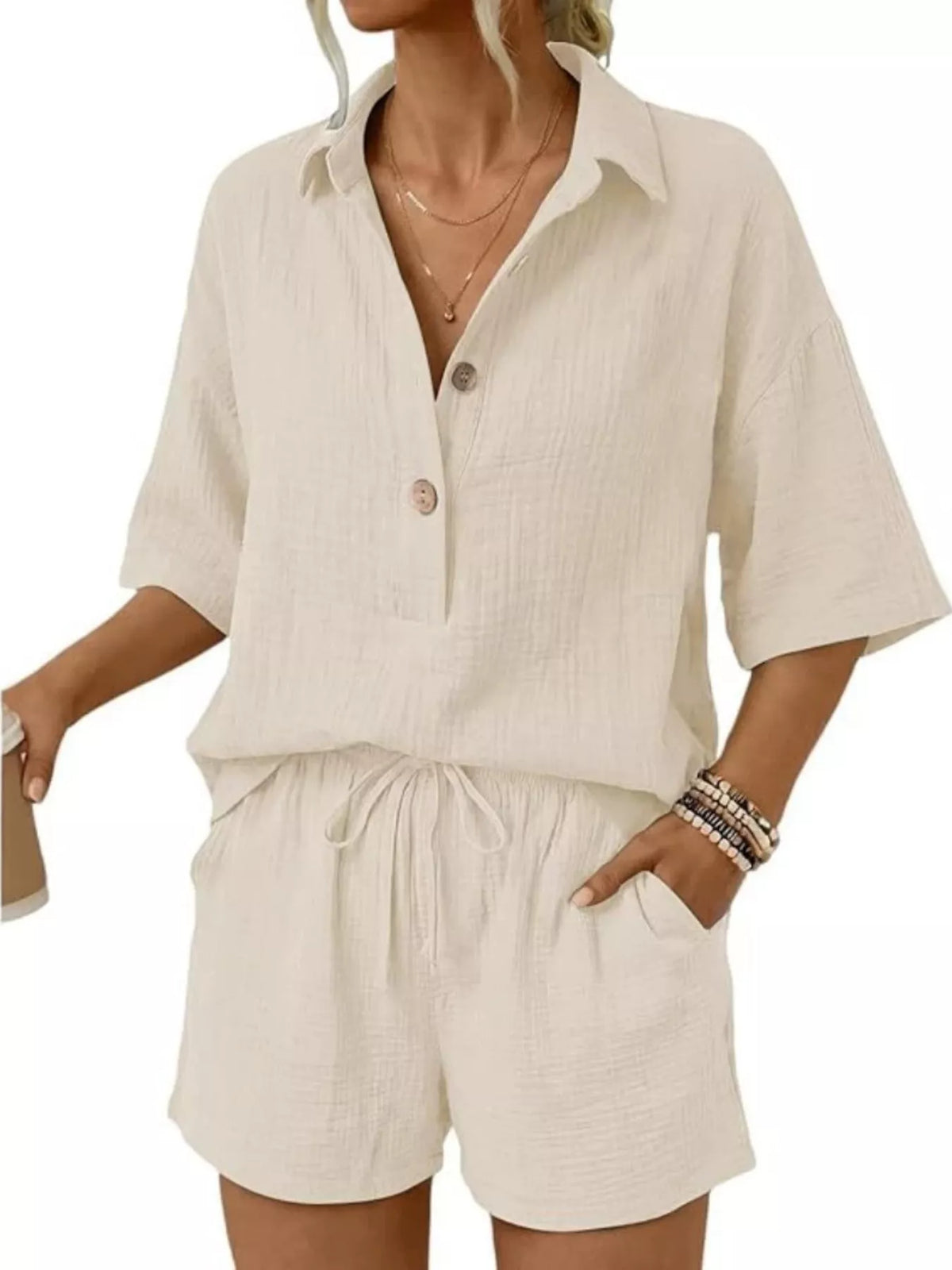 Linen Button Front Short Sleeve Top and Shorts Set by Trendsi