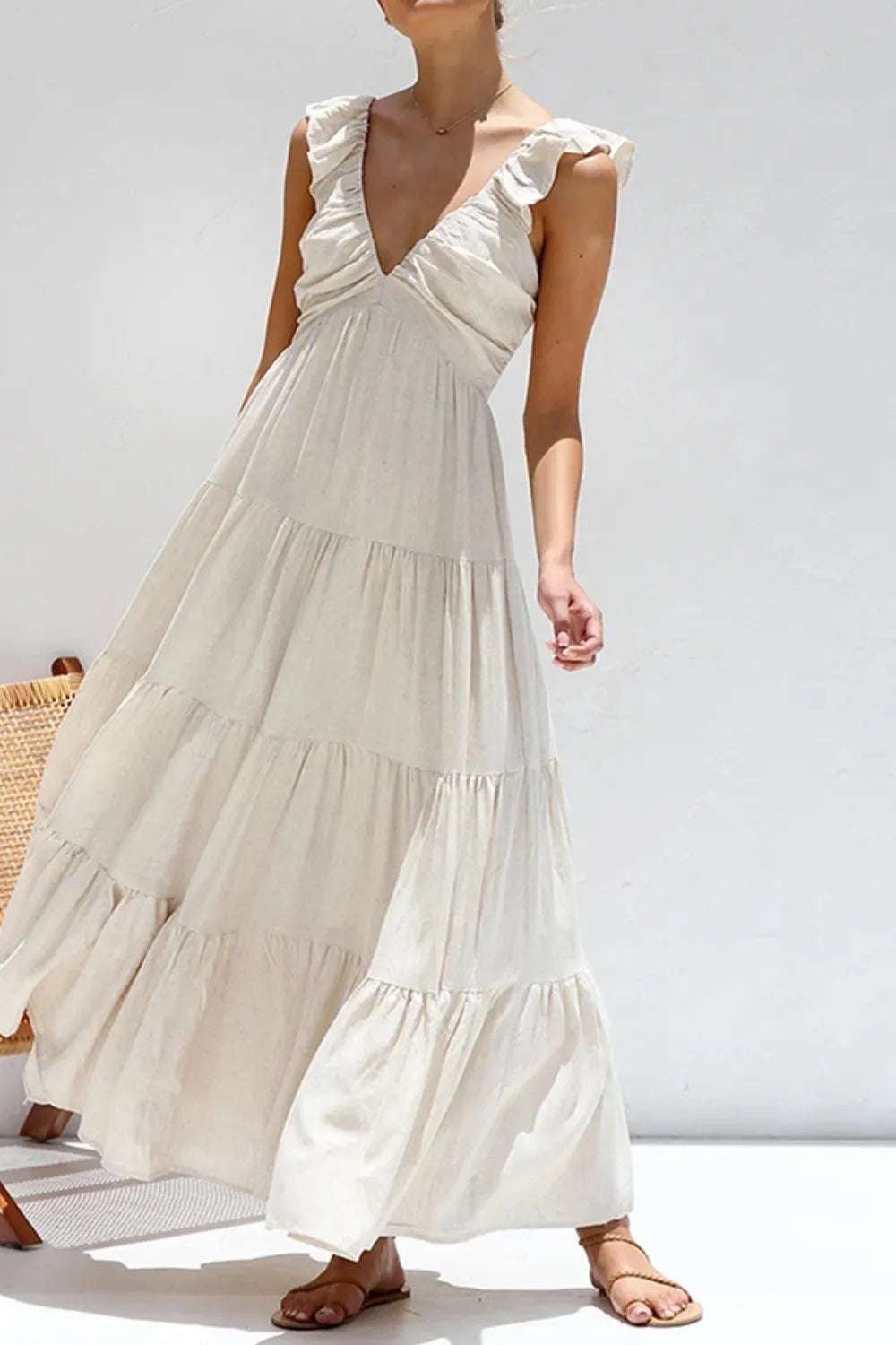 Ruffled V-Neck Tiered Dress by Trendsi