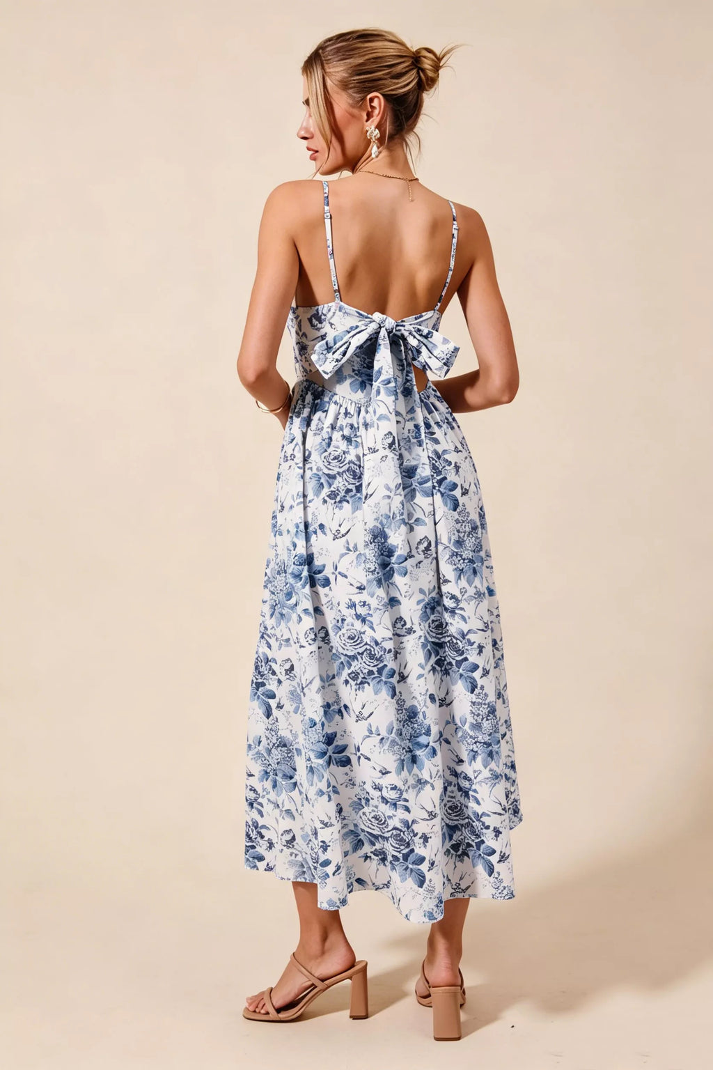 SO ME Floral Woven V Neck Dress With Back Ribbon Tie by Trendsi