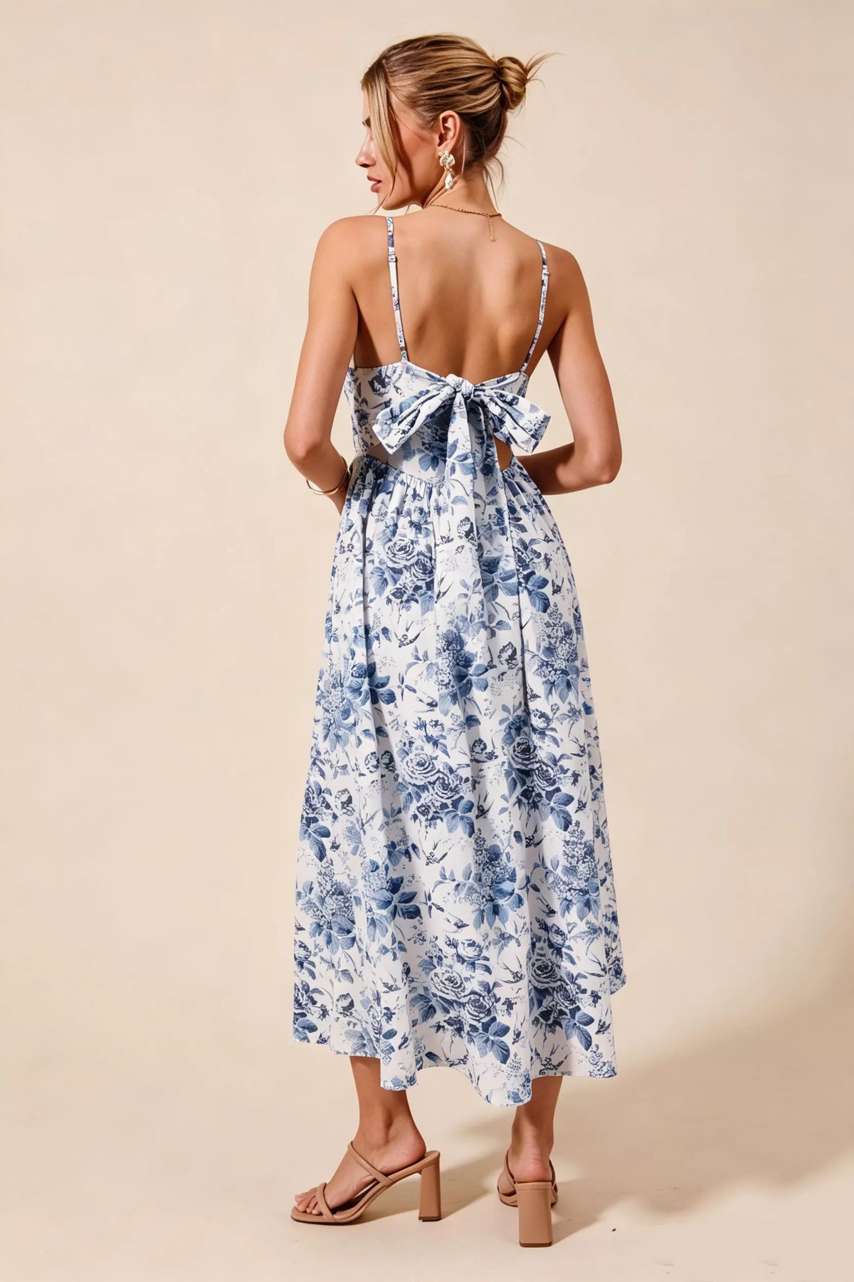 SO ME Floral Woven V Neck Dress With Back Ribbon Tie by Trendsi