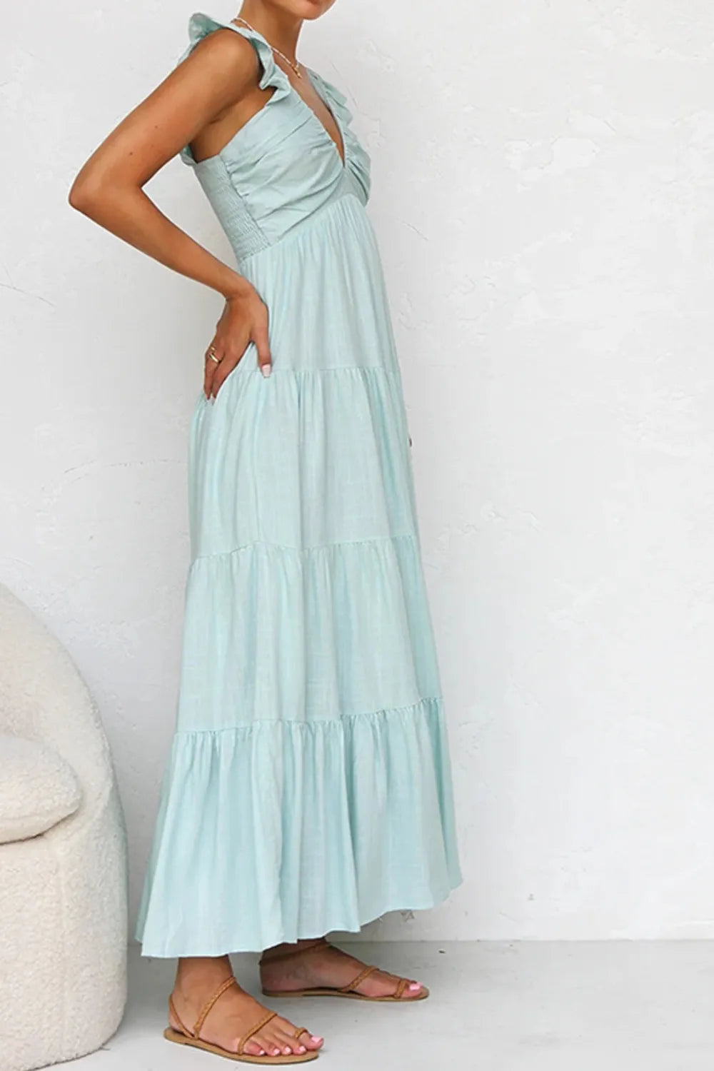 Ruffled V-Neck Tiered Dress by Trendsi