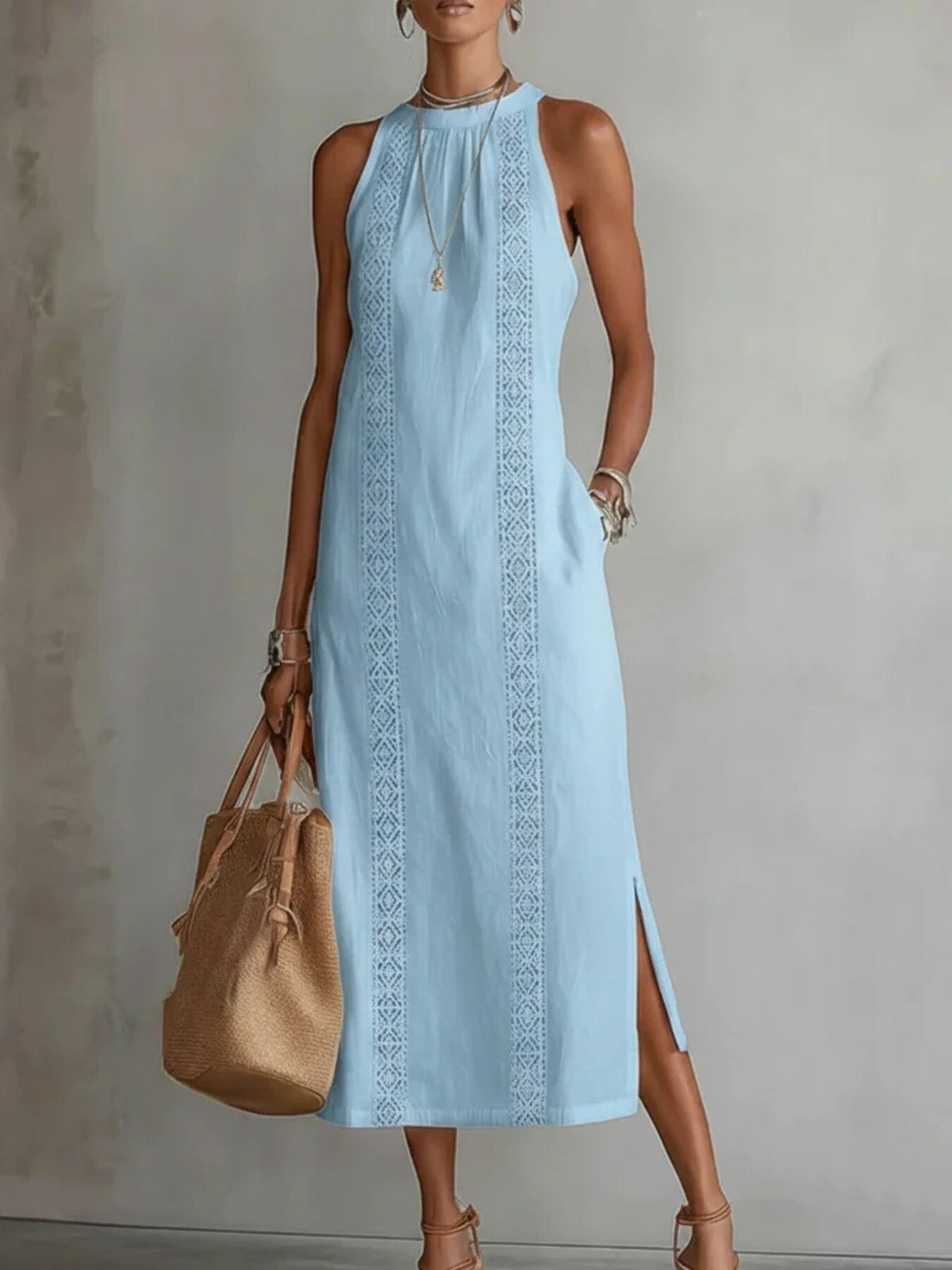 Side Slit Sleeveless Hollow-Out Trimmed Midi Dress by Trendsi