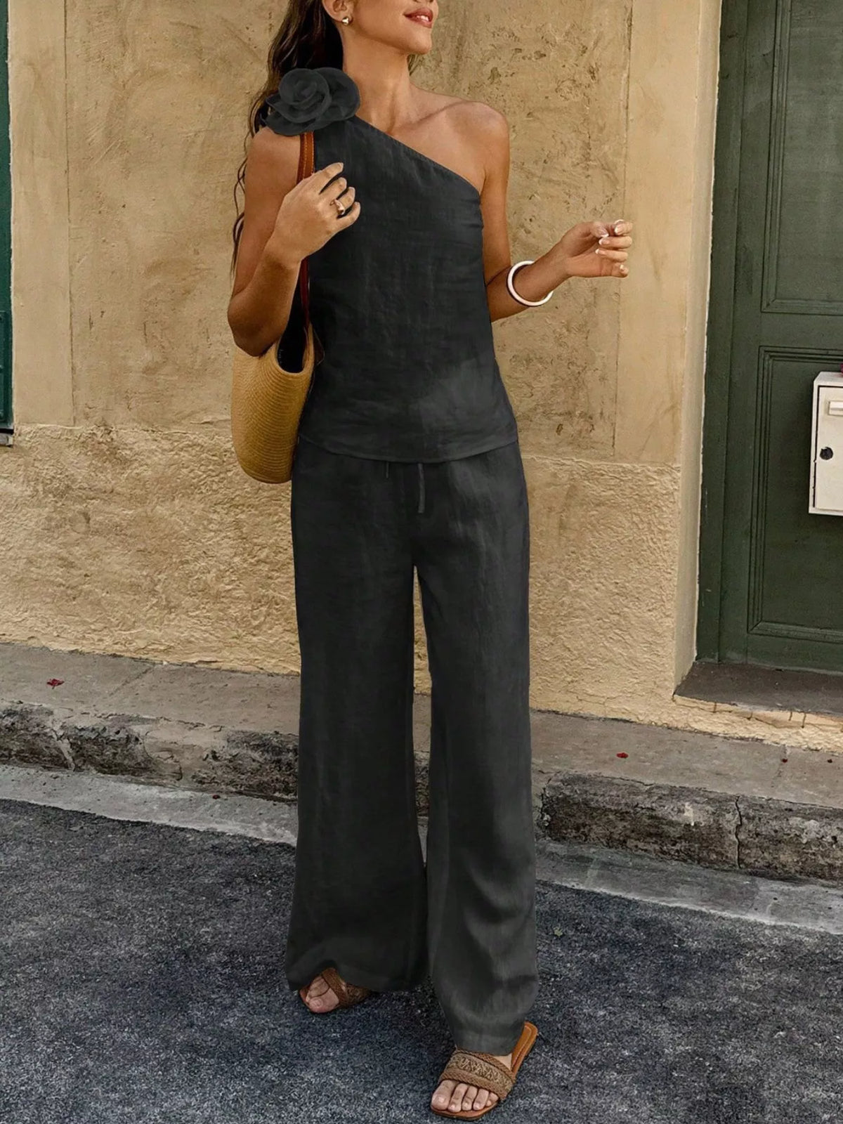 One-Shoulder Floral Embellished Top and Pants Set by Trendsi