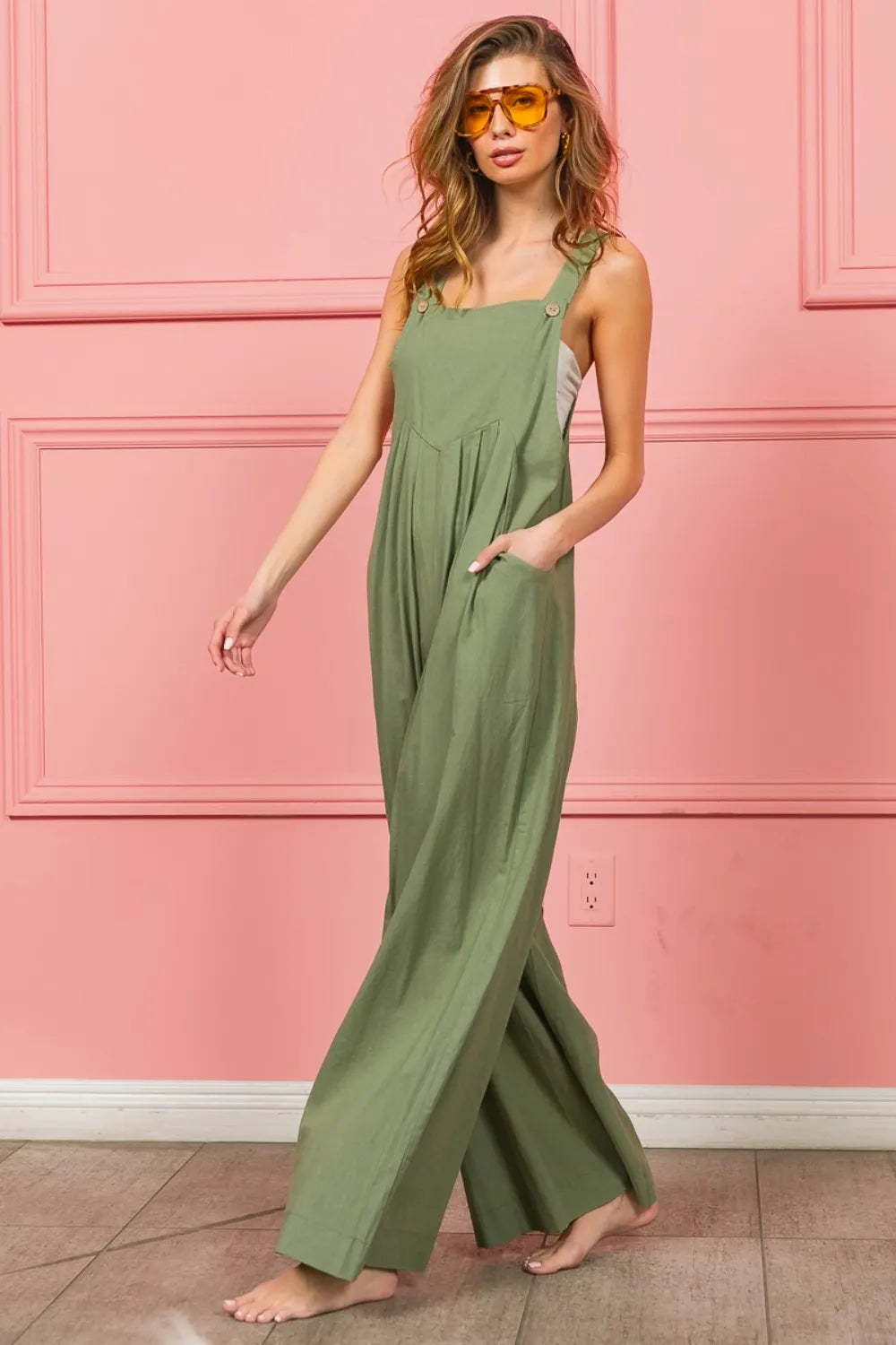 BiBi Ruched Wide Leg Overalls with Pockets by Trendsi