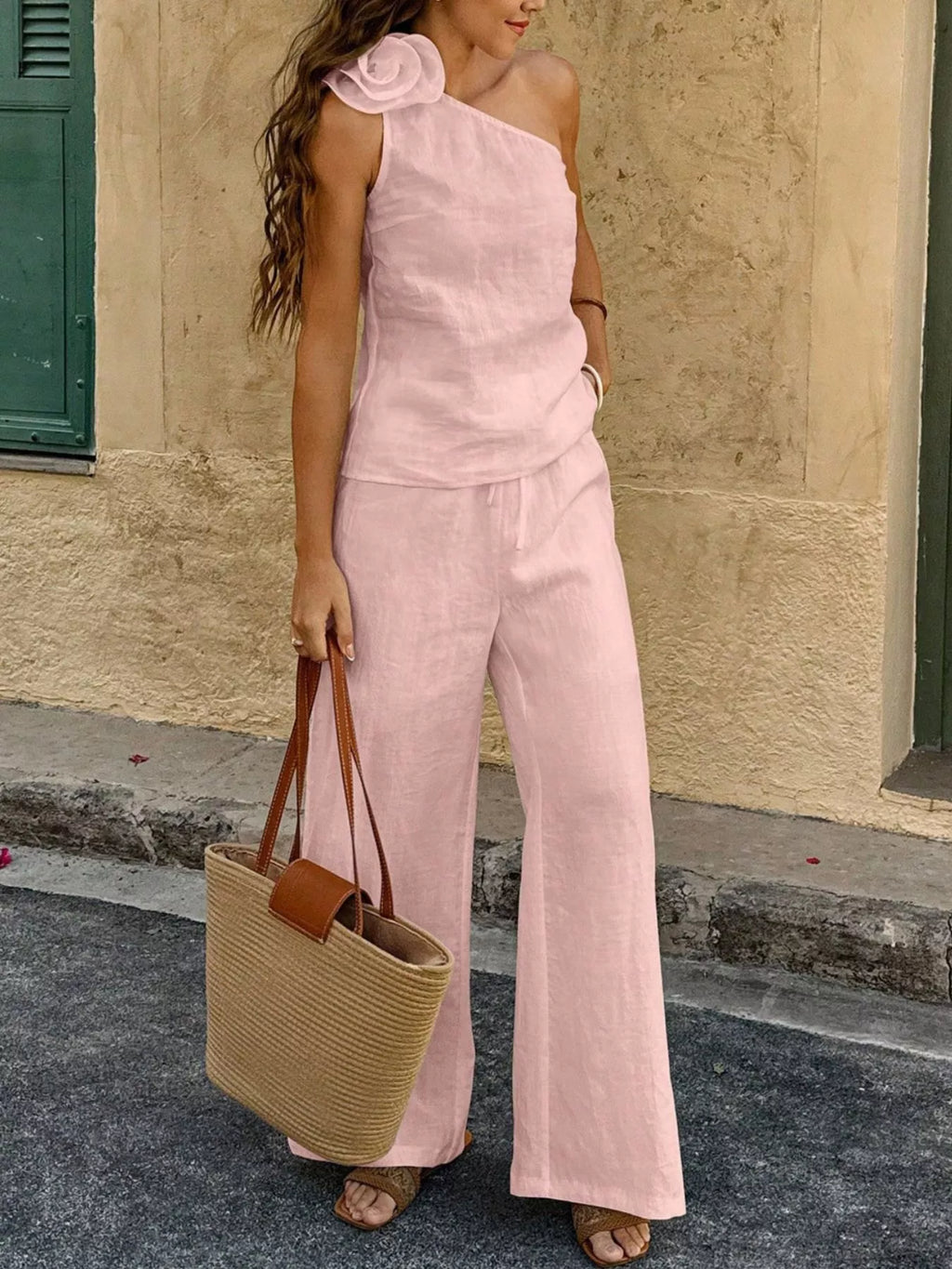 One-Shoulder Floral Embellished Top and Pants Set by Trendsi