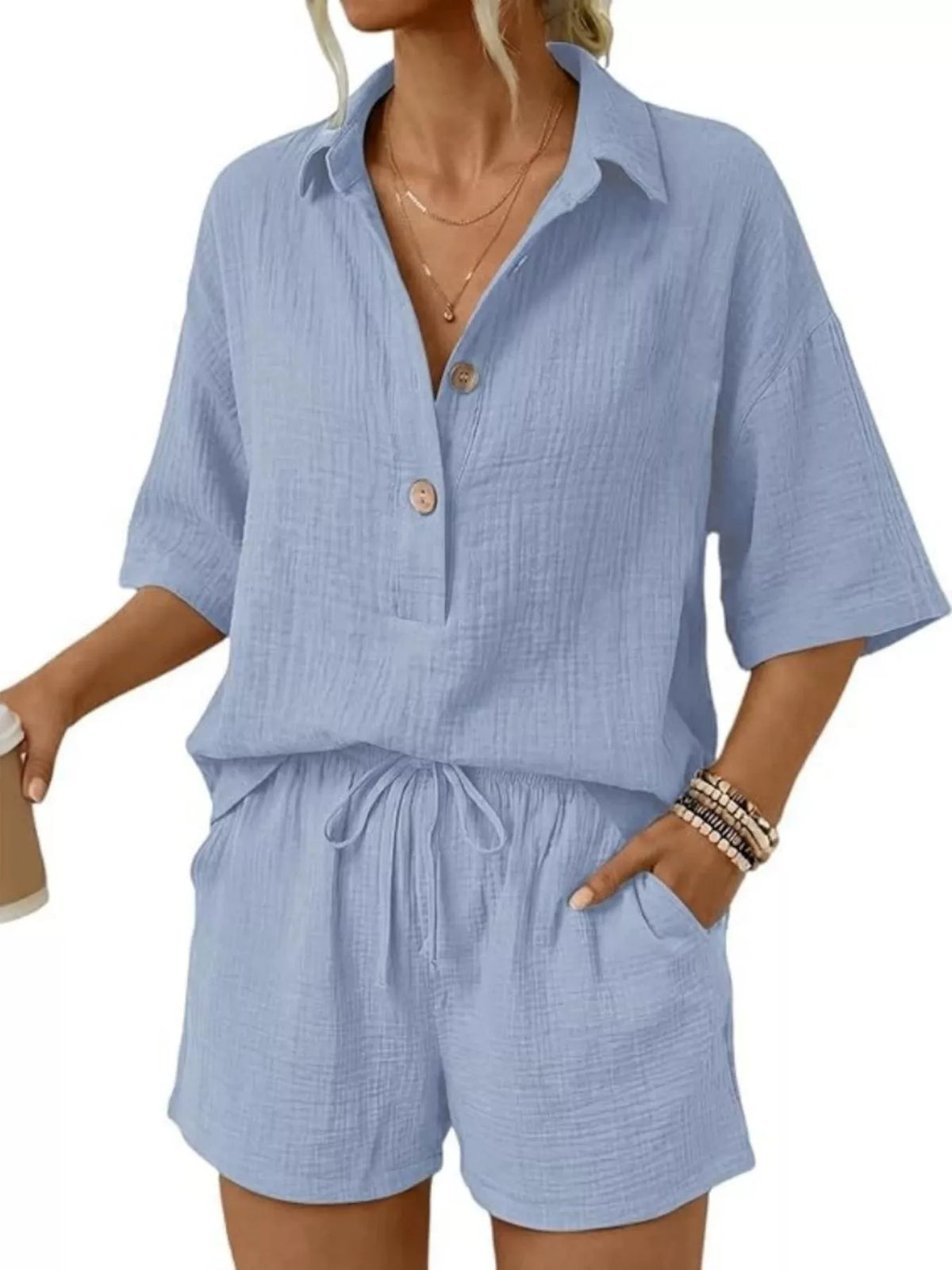 Linen Button Front Short Sleeve Top and Shorts Set by Trendsi