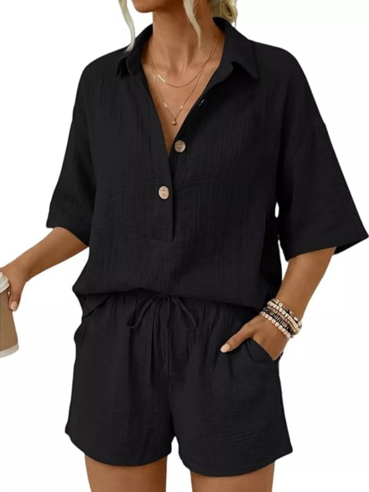 Linen Button Front Short Sleeve Top and Shorts Set by Trendsi