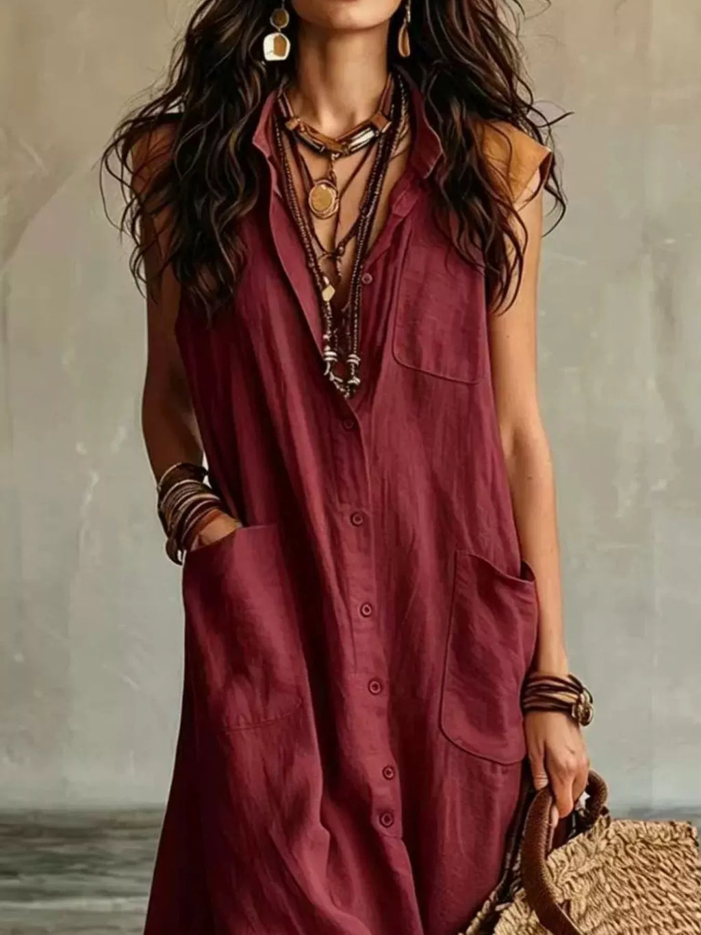 Sleeveless Button-Down Linen Maxi Dress by Trendsi