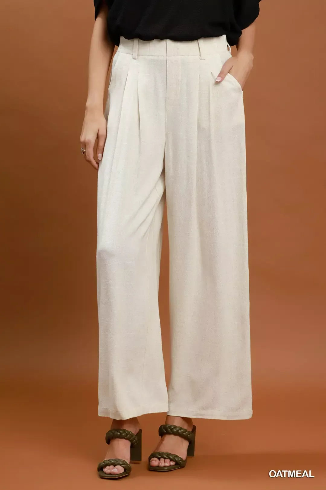 Umgee High Waist Linen Blend Wide Leg Trousers by Trendsi