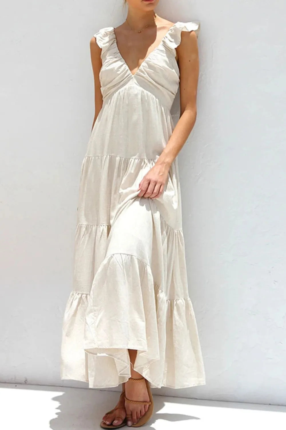 Ruffled V-Neck Tiered Dress by Trendsi