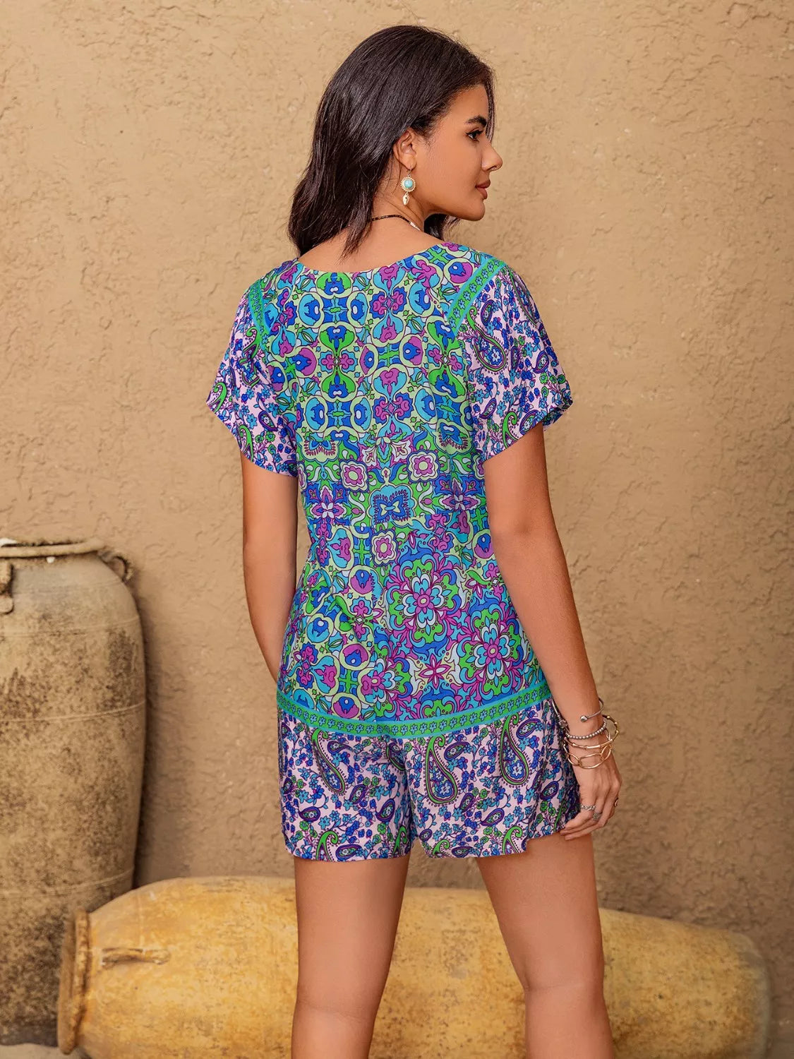 Printed Tie Front Short Sleeve Romper by Trendsi