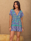 Printed Tie Front Short Sleeve Romper by Trendsi