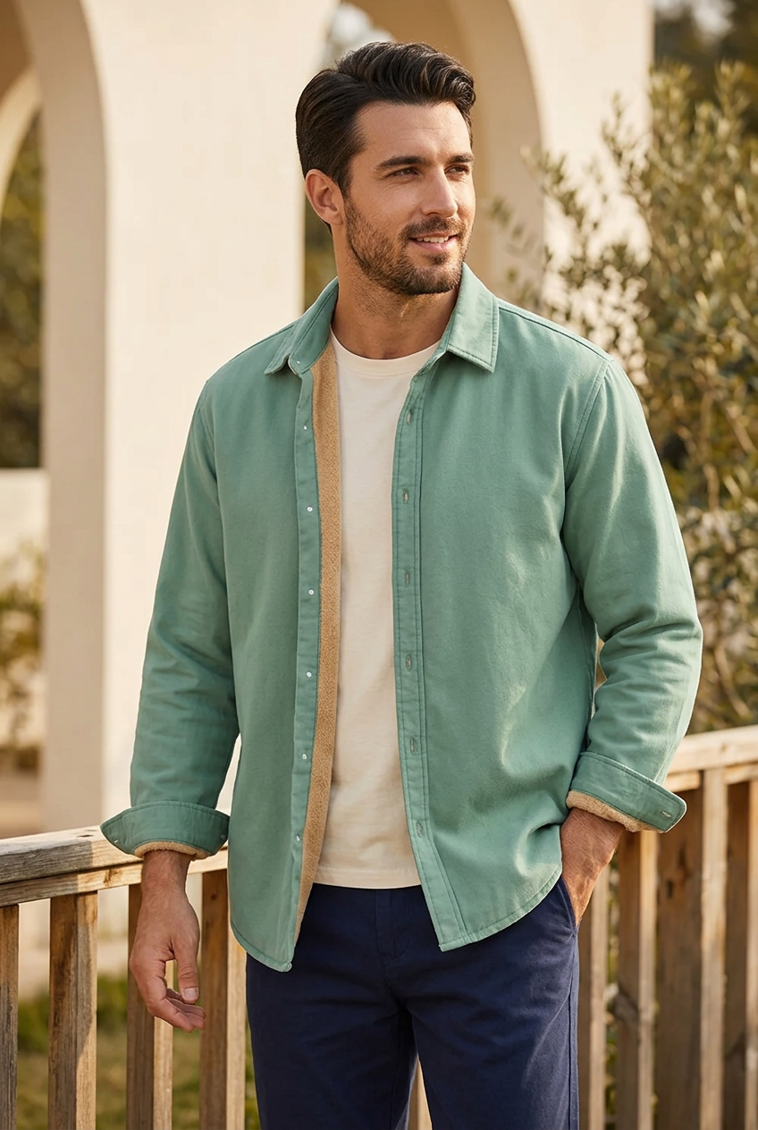 Green button-up shirt lifestyle photo