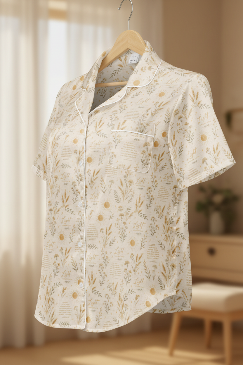 All-over print women’s short sleeve pajama top by Rooted Wellness