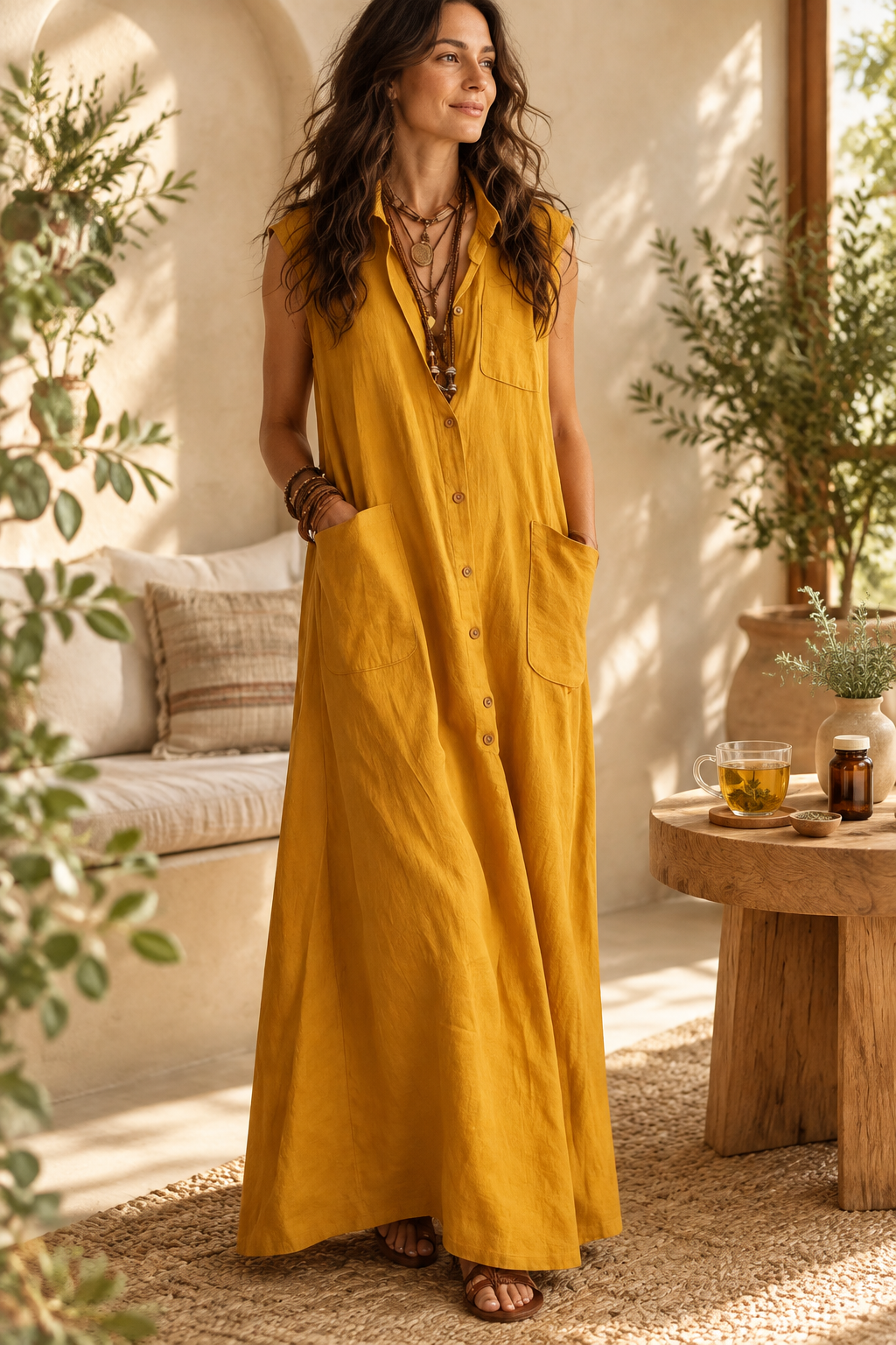 Sleeveless Button-Down Linen Maxi Dress by Trendsi