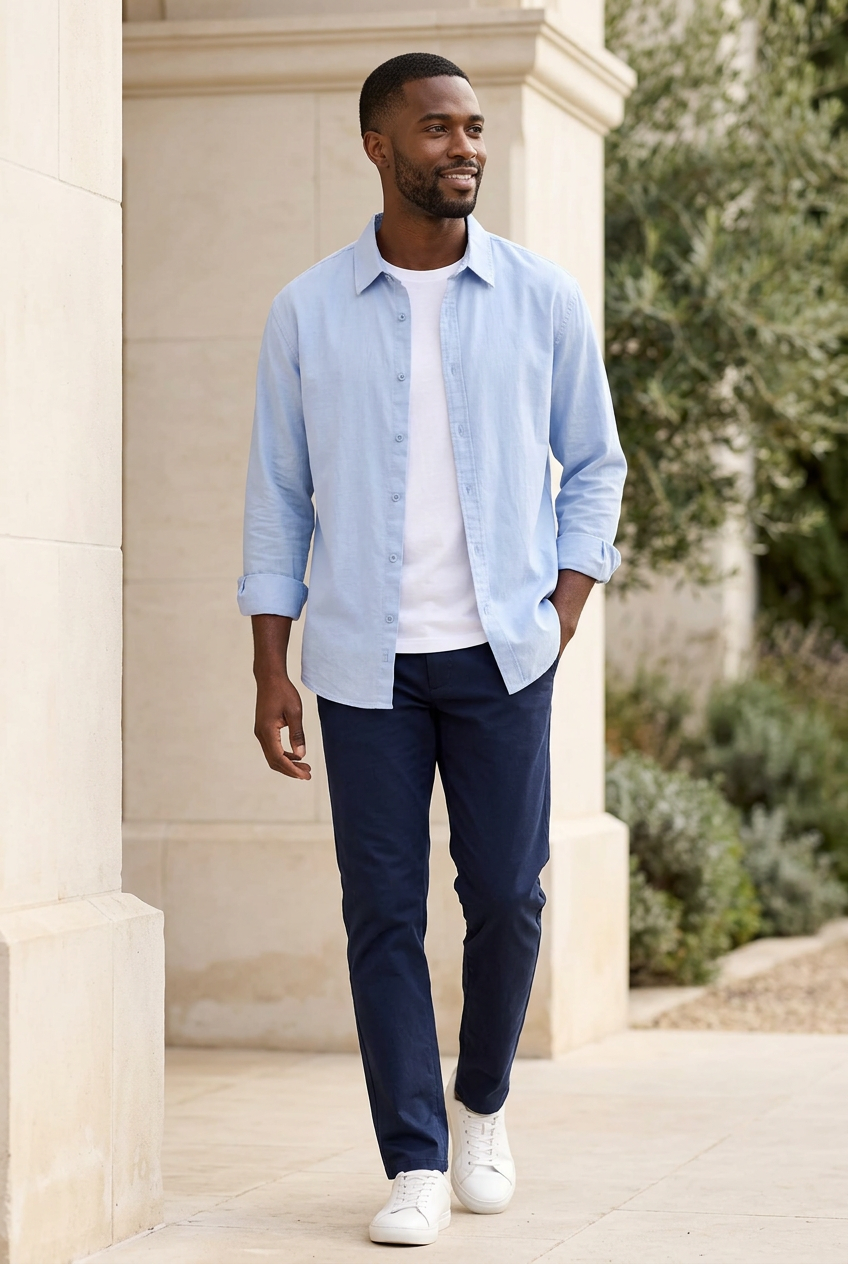 Light-blue shirt lifestyle photo on a slim model