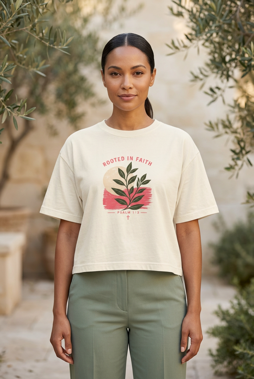 Rooted in Faith cropped tee with full-head framing and smooth hairstyle