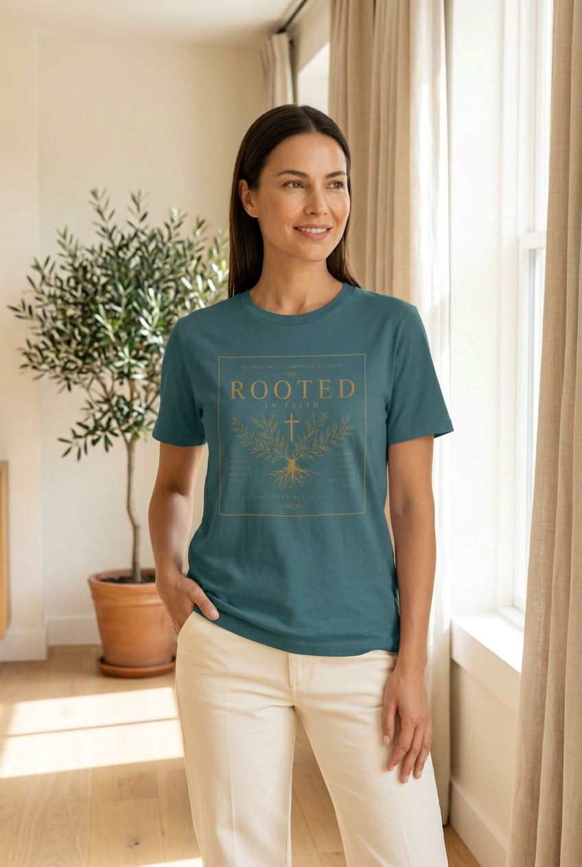 Rooted tee lifestyle photo with a relaxed candid pose