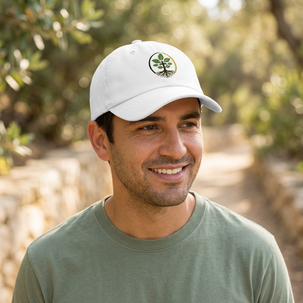 Rooted Wellness white dad hat lifestyle photo