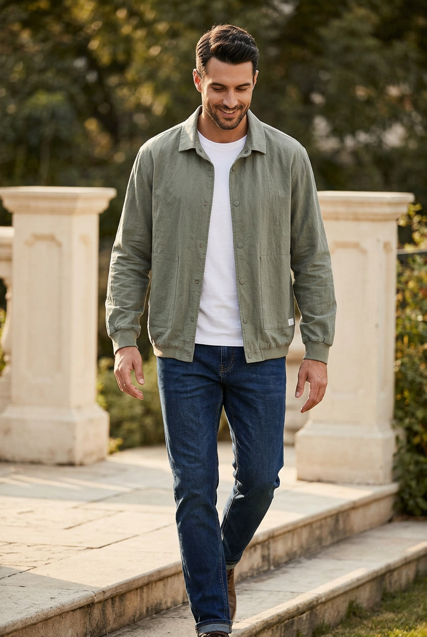 Sage shacket lifestyle photo with a slimmer model walking