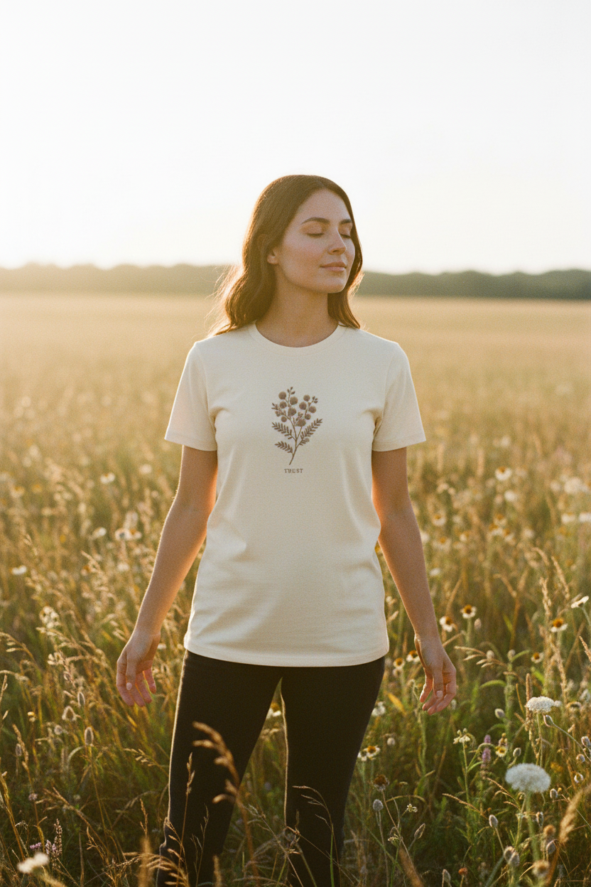 Unisex organic mid-light t-shirt- Trust, Acacia Flowered Scripture Tee by Rooted Wellness