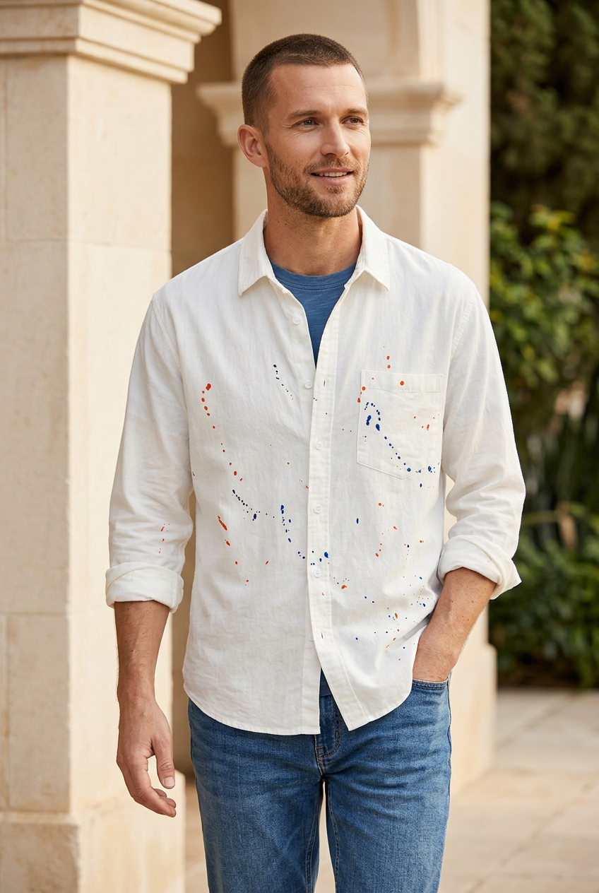 White paint-splatter shirt with blue tee and jeans on a slimmer model